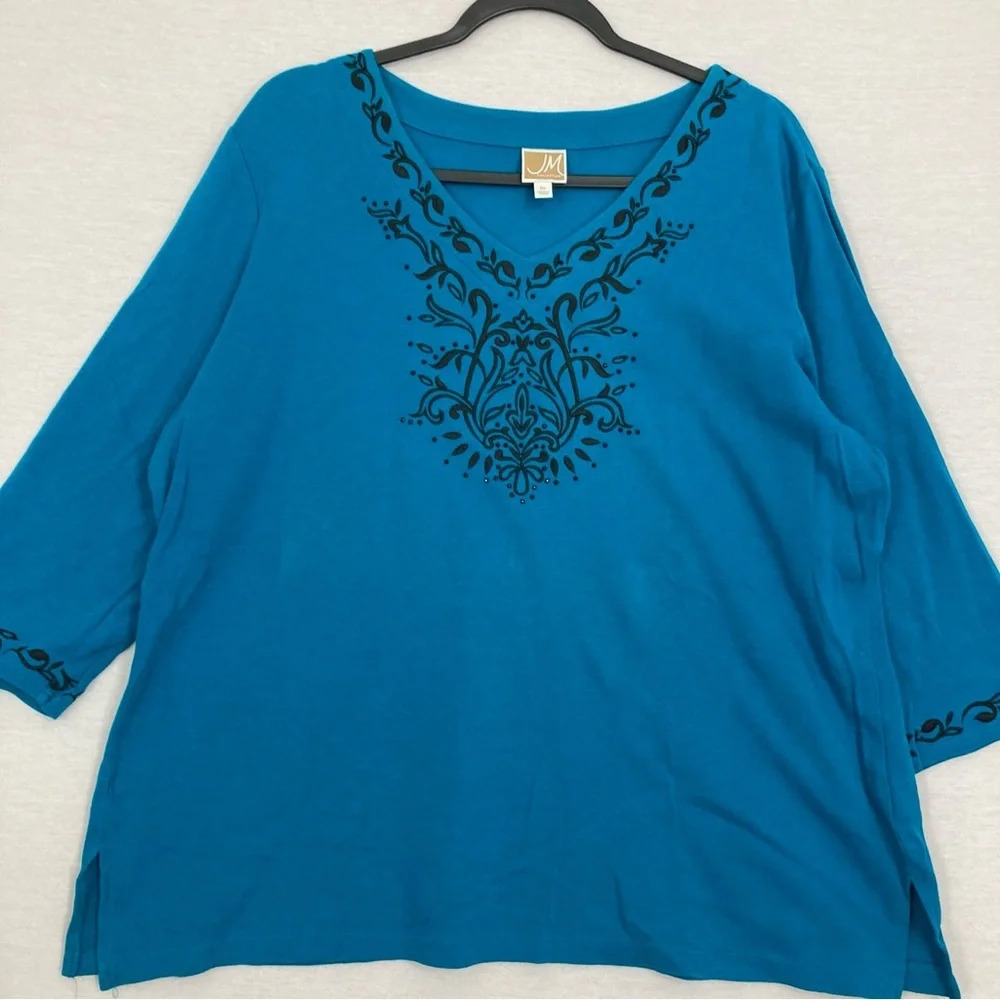 JM Collection Blue Black V Neck Embroidered Cotton Stretch Pullover Top‎ XL